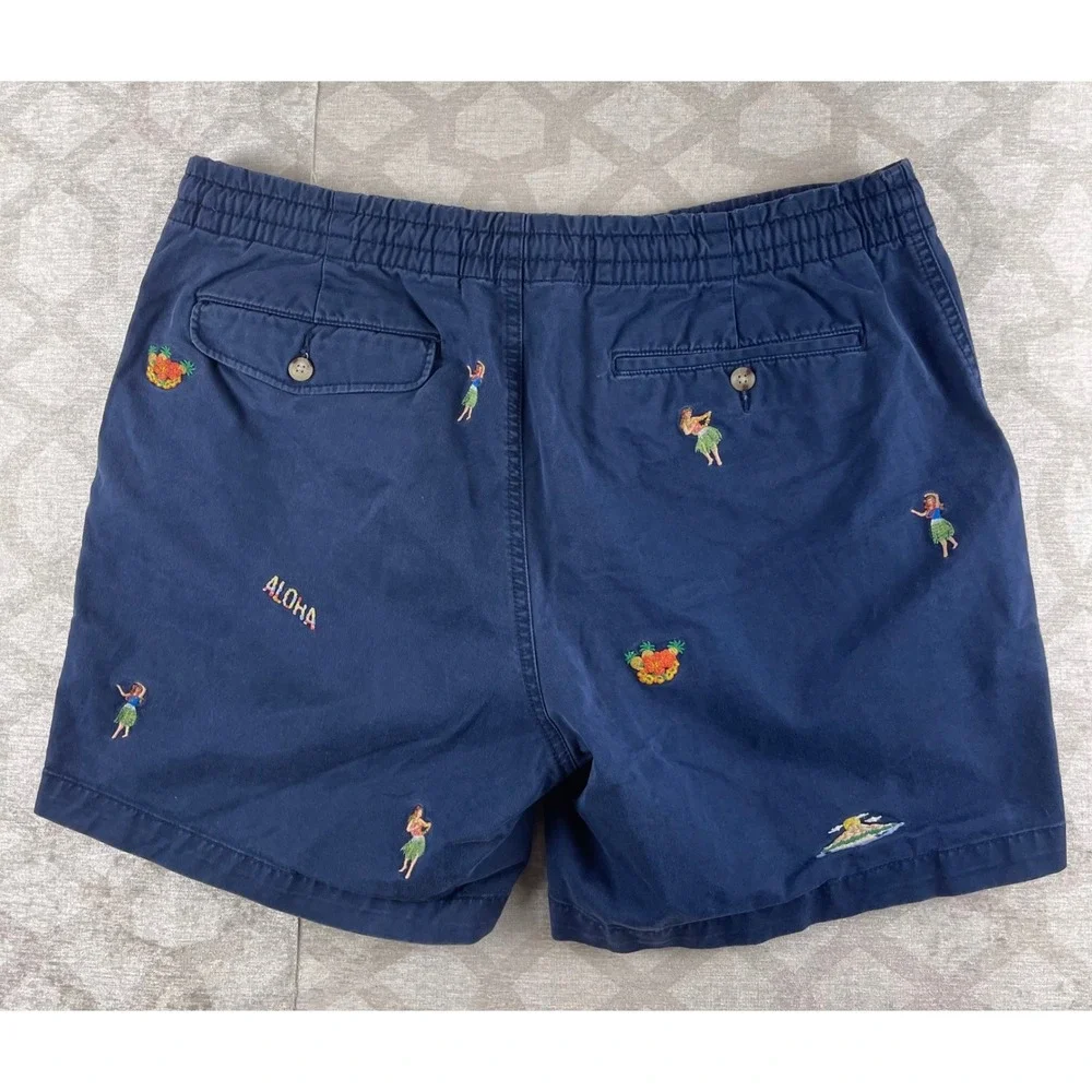 Polo Ralph Lauren Men L Navy Blue Embroidered Hula Aloha Tropical Chino Shorts